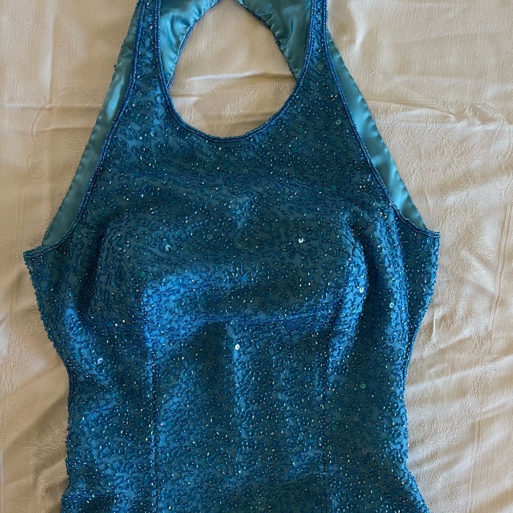 Scala Blue Beaded Sequined Formal Gown Size Small - image 4